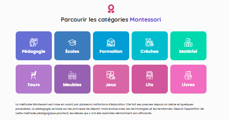 Les catégories de produits et informations sur Montessori Pour Tous